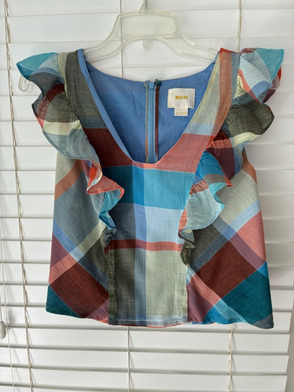 Maeve by Anthropology Madras Plaid Ruffle Shirt Top SZ 6 Blue Sleeveless Cotton